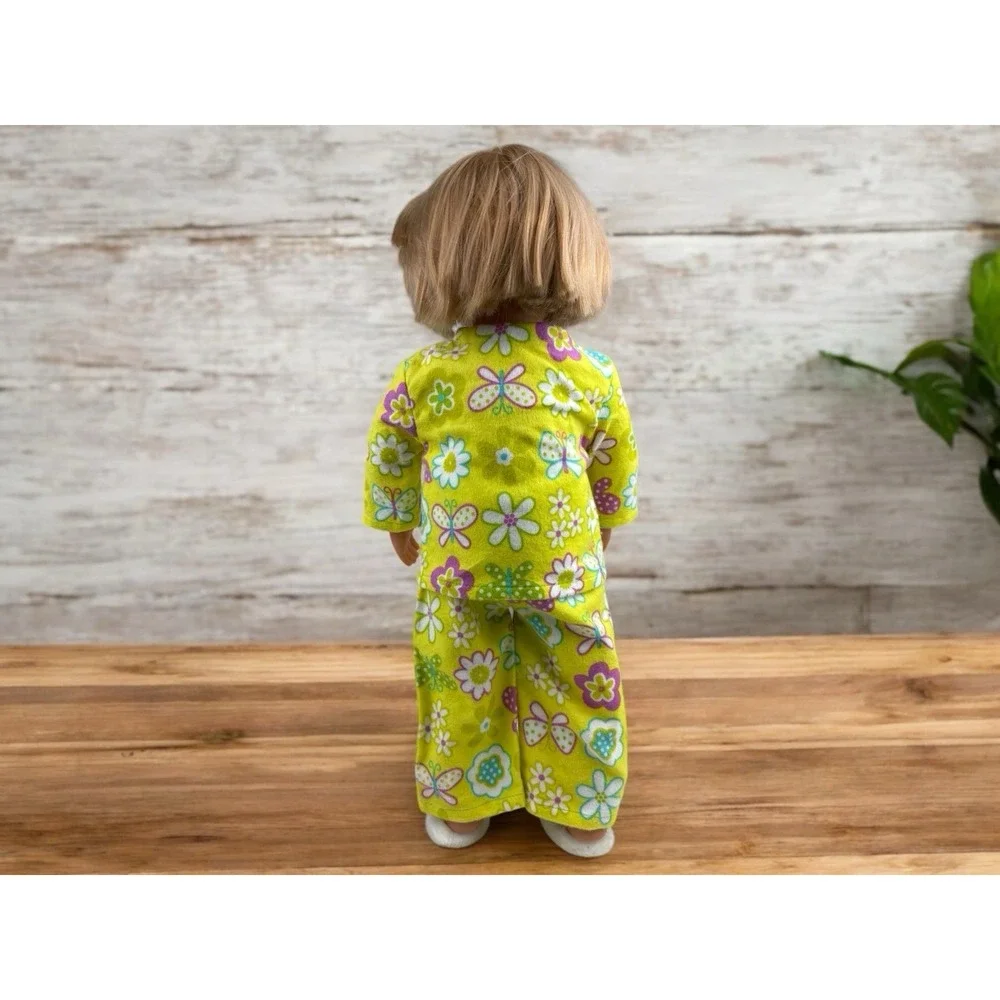 Lime Green Flower & Butterfly Doll Pajamas With Bunny Slippers Fits 18